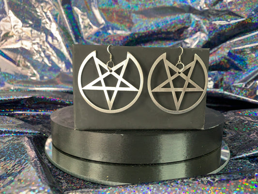 Stainless steel laser cut pentagram-shaped earrings sized 2 inches.